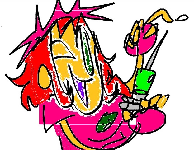 A digital drawing of Hapoten winking, holding a syringe while poking it. The quality is really crunchy looking and the colors are all incorrect.