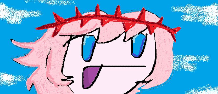 ms paint drawing of hapoten's head in front of a blue sky with some clouds.